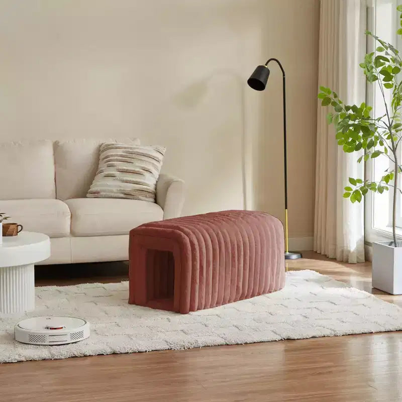  Ottoman Storage Bench Pet Supplies Corduroy Bench Cat's Nest to Hide For the Living Room, Entryway and Bedroom, Brown