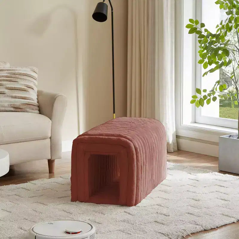 Banc de rangement ottoman pour animaux de compagnie en velours côtelé, niche pour chat à cacher pour le salon, l'entrée et la chambre à coucher, marron