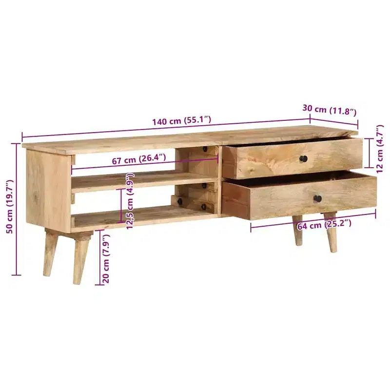 Meuble TV en Bois de Mangue Massif - Meuble TV de Style Ferme Rustique avec Tiroirs et Compartiments - Meuble TV Marron 55,1x11,8x19,7