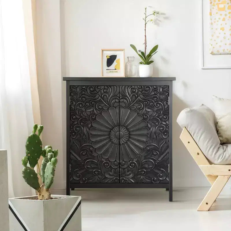  Accent Farmhouse Carved Floral Buffet Cabinet with Doors for Living Room