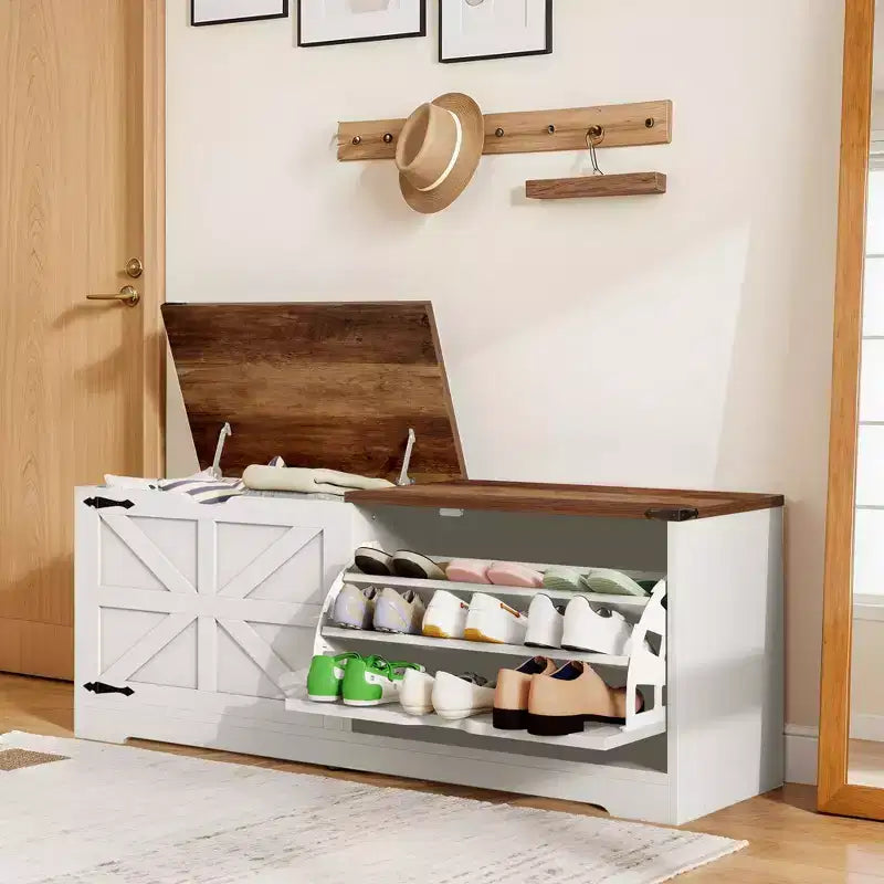 Banc de rangement pour chaussures Meuble à chaussures avec tiroir basculant et rangement à rabat Blanc ou Rustique foncé