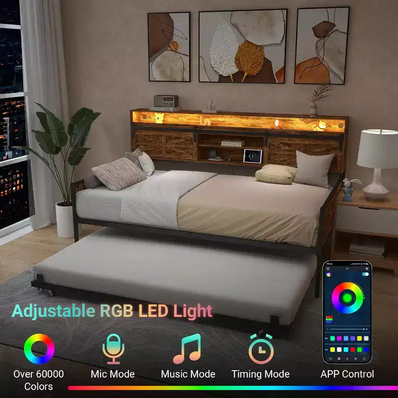 Lit de repos double avec lit gigogne, avec tête de lit coulissante de style grange et lumière LED, lit de repos en métal robuste pour salon, chambre et chambre d'amis, marron
