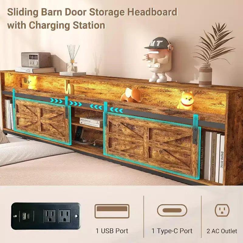 Lit de repos double avec lit gigogne, avec tête de lit coulissante de style grange et lumière LED, lit de repos en métal robuste pour salon, chambre et chambre d'amis, marron