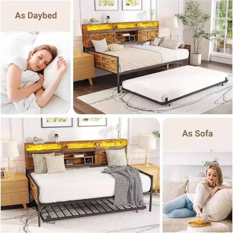 Lit de repos double avec lit gigogne, avec tête de lit coulissante de style grange et lumière LED, lit de repos en métal robuste pour salon, chambre et chambre d'amis, marron