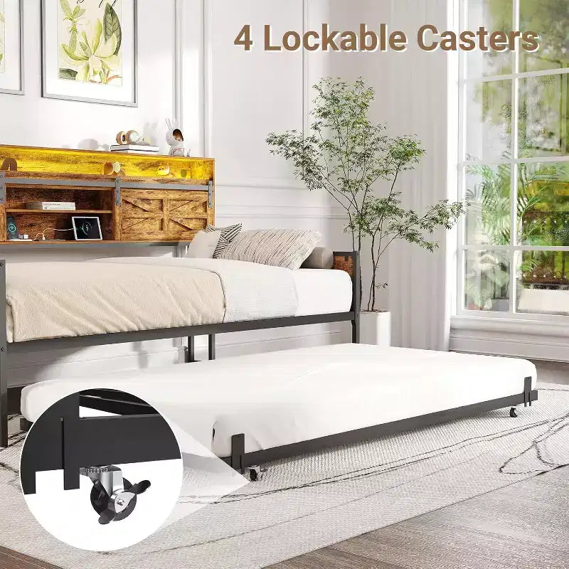 Lit de repos double avec lit gigogne, avec tête de lit coulissante de style grange et lumière LED, lit de repos en métal robuste pour salon, chambre et chambre d'amis, marron