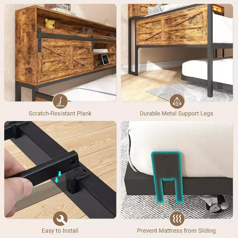 Lit de repos double avec lit gigogne, avec tête de lit coulissante de style grange et lumière LED, lit de repos en métal robuste pour salon, chambre et chambre d'amis, marron