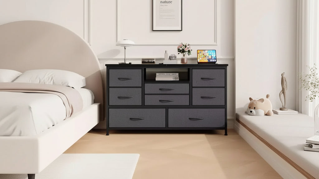 Meuble TV pour chambre à coucher, table console TV avec 8 tiroirs et étagères ouvertes pour salon, couloir