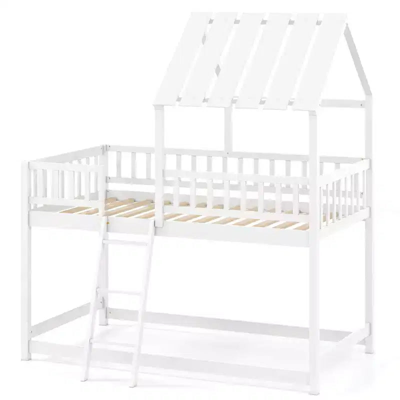 Lit superposé cabane jumeau sur jumeau avec toit, échelle et barrières de sécurité pleine longueur pour enfants Naturel/Blanc
