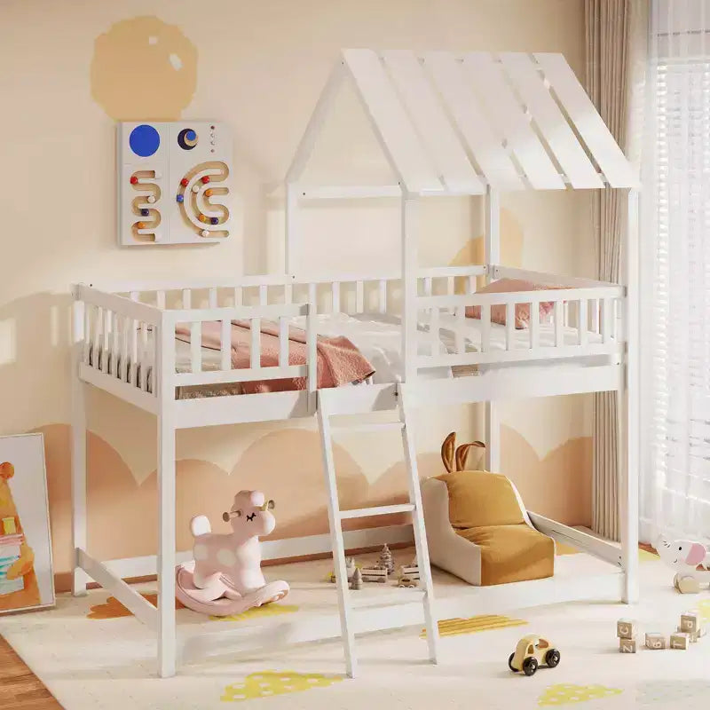 Lit superposé cabane jumeau sur jumeau avec toit, échelle et barrières de sécurité pleine longueur pour enfants Naturel/Blanc