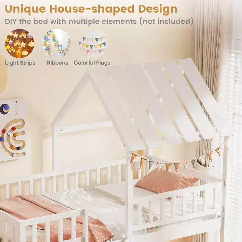 Lit superposé cabane jumeau sur jumeau avec toit, échelle et barrières de sécurité pleine longueur pour enfants Naturel/Blanc