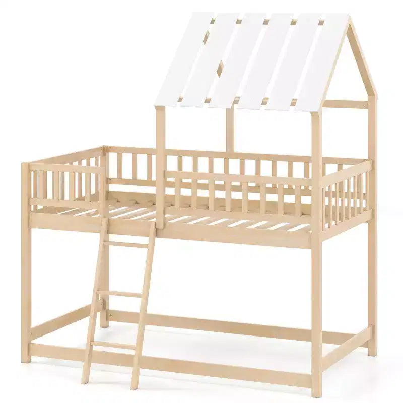 Lit superposé cabane jumeau sur jumeau avec toit, échelle et barrières de sécurité pleine longueur pour enfants Naturel/Blanc