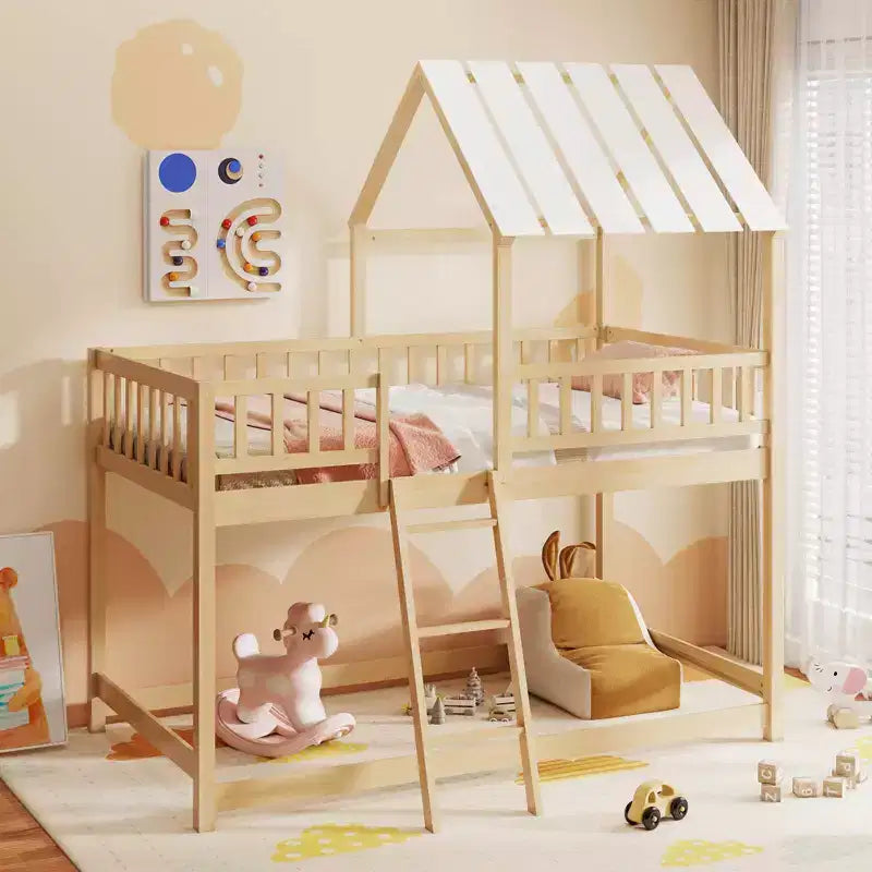 Lit superposé cabane jumeau sur jumeau avec toit, échelle et barrières de sécurité pleine longueur pour enfants Naturel/Blanc