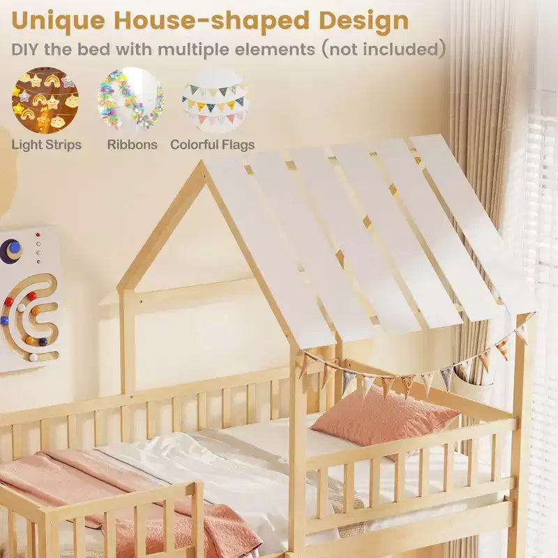 Lit superposé cabane jumeau sur jumeau avec toit, échelle et barrières de sécurité pleine longueur pour enfants Naturel/Blanc