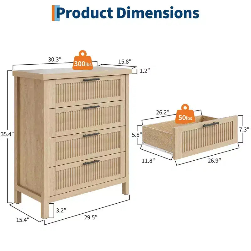 Commode de rangement cannelée à 4 tiroirs en bois composite pour chambre à coucher, salon, couloir