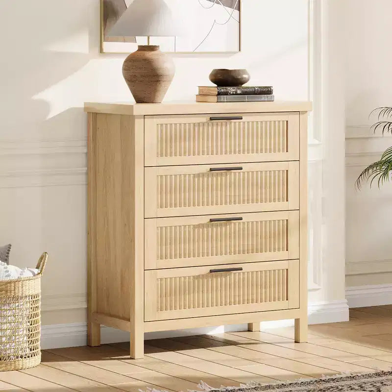 Commode de rangement cannelée à 4 tiroirs en bois composite pour chambre à coucher, salon, couloir
