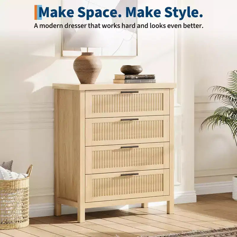 Commode de rangement cannelée à 4 tiroirs en bois composite pour chambre à coucher, salon, couloir