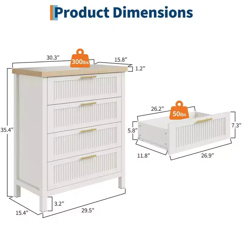 Commode de rangement cannelée à 4 tiroirs en bois composite pour chambre à coucher, salon, couloir