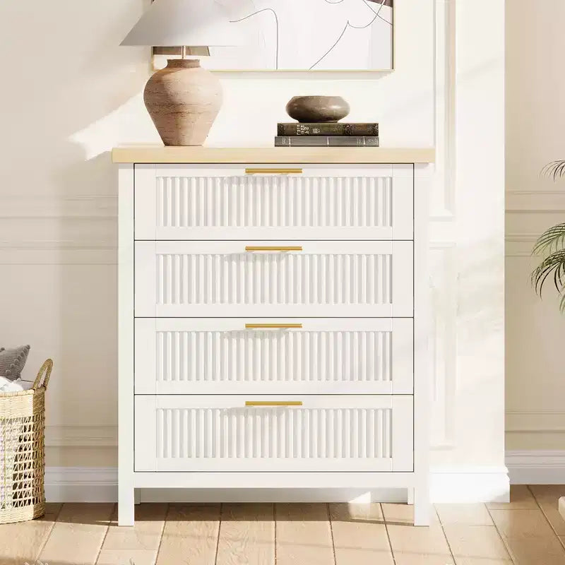 Commode de rangement cannelée à 4 tiroirs en bois composite pour chambre à coucher, salon, couloir