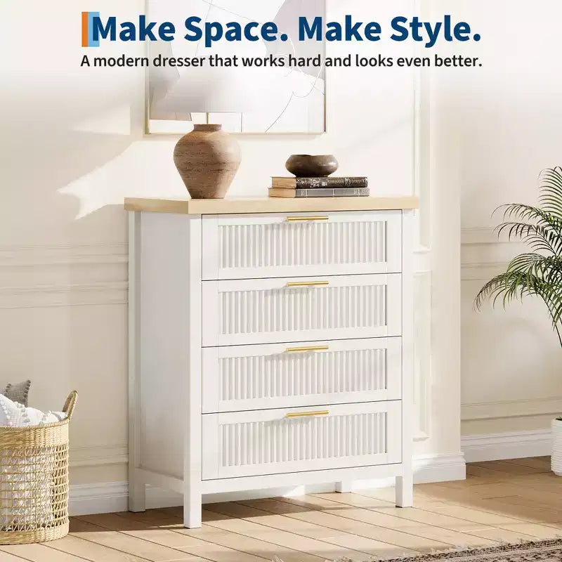 Commode de rangement cannelée à 4 tiroirs en bois composite pour chambre à coucher, salon, couloir
