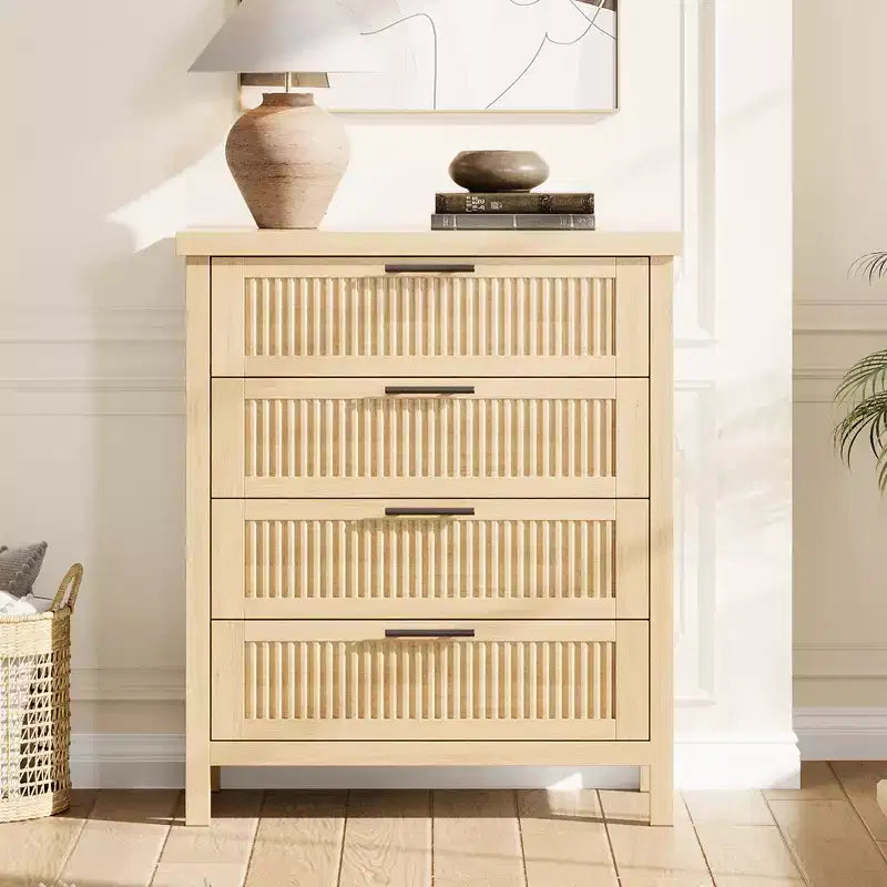 Commode de rangement cannelée à 4 tiroirs en bois composite pour chambre à coucher, salon, couloir