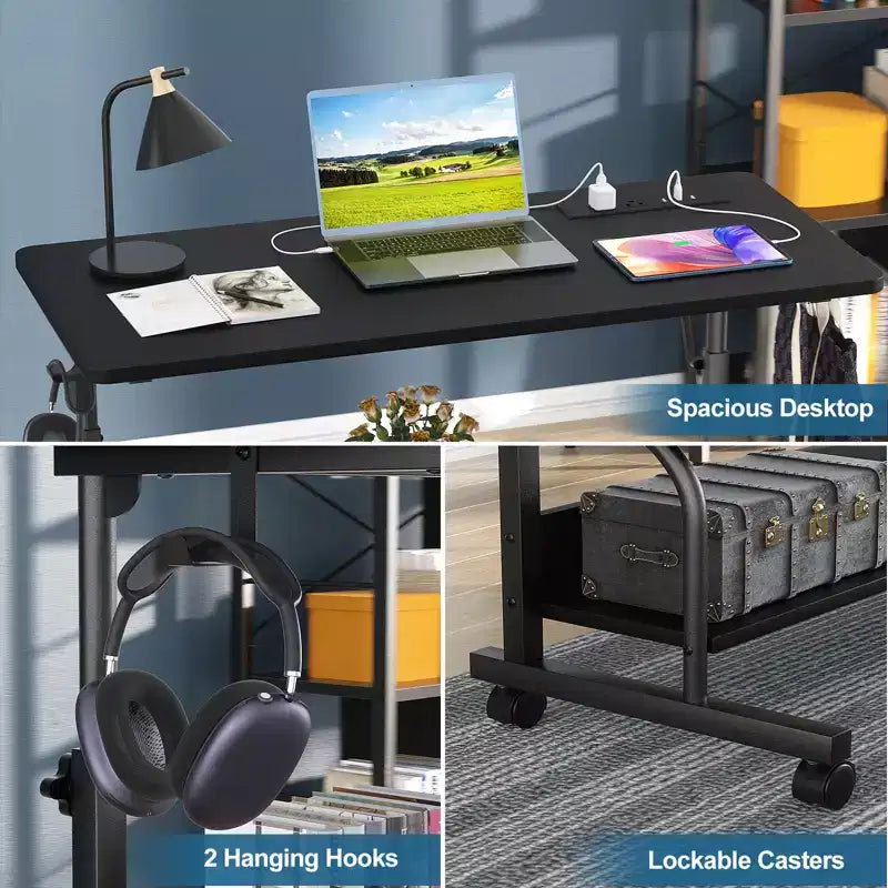Bureau debout manuel de 32 pouces avec étagères de rangement, bureau d'ordinateur avec station de charge