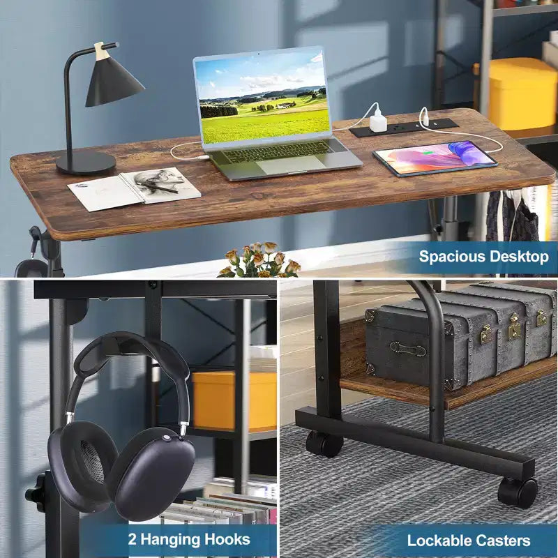 Bureau debout manuel de 32 pouces avec étagères de rangement, bureau d'ordinateur avec station de charge