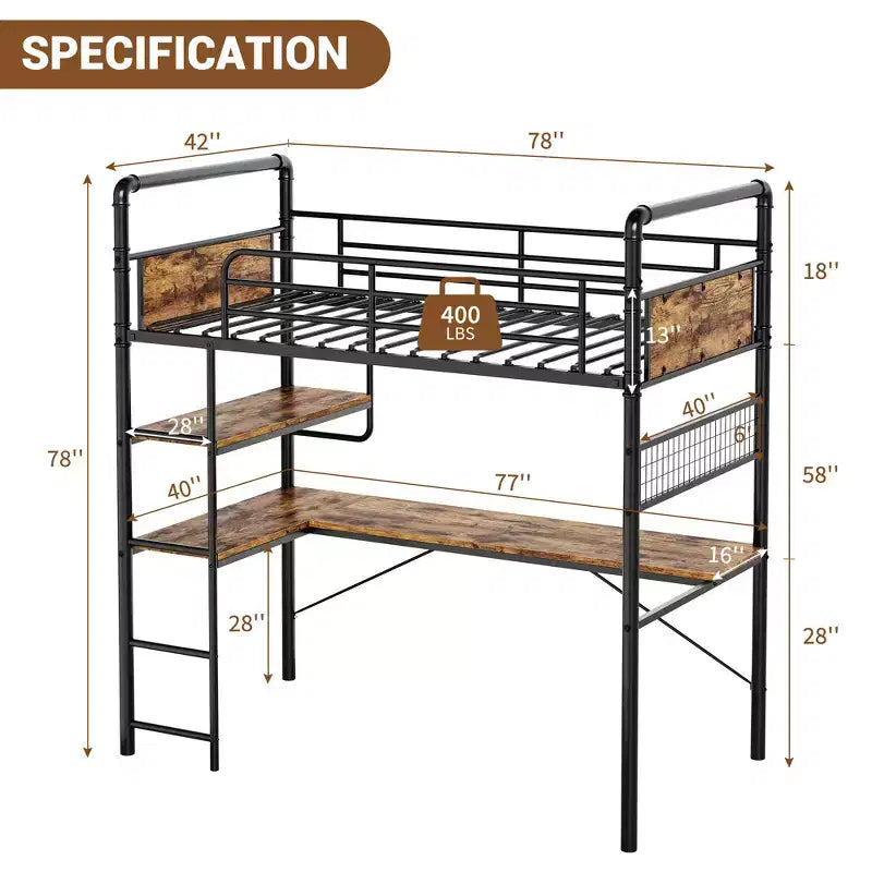 Lit superposé mezzanine double avec bureau en L, lit mezzanine haut en métal avec garde-corps et échelle, poste de travail peu encombrant pour enfants, adolescents, adultes