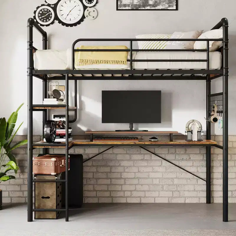 Lit superposé mezzanine double avec bureau en L, lit mezzanine haut en métal avec garde-corps et échelle, poste de travail peu encombrant pour enfants, adolescents, adultes