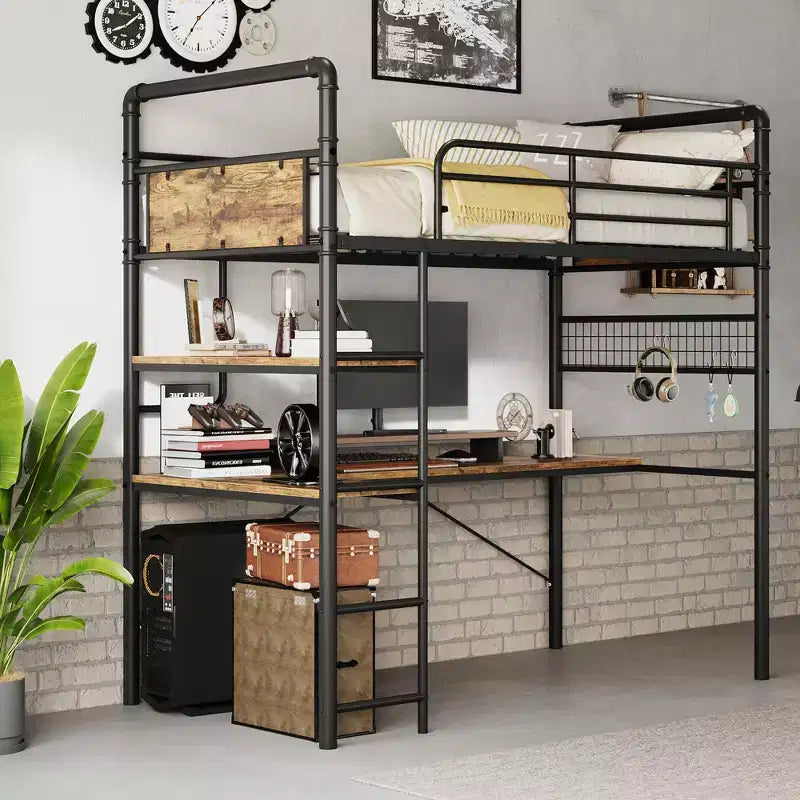 Lit superposé mezzanine double avec bureau en L, lit mezzanine haut en métal avec garde-corps et échelle, poste de travail peu encombrant pour enfants, adolescents, adultes