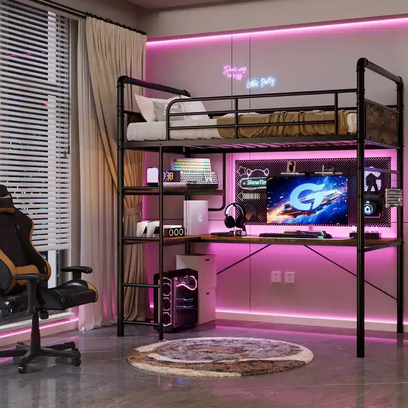 Lit superposé mezzanine double avec bureau en L, lit mezzanine haut en métal avec garde-corps et échelle, poste de travail peu encombrant pour enfants, adolescents, adultes