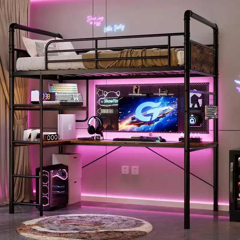 Lit superposé mezzanine double avec bureau en L, lit mezzanine haut en métal avec garde-corps et échelle, poste de travail peu encombrant pour enfants, adolescents, adultes