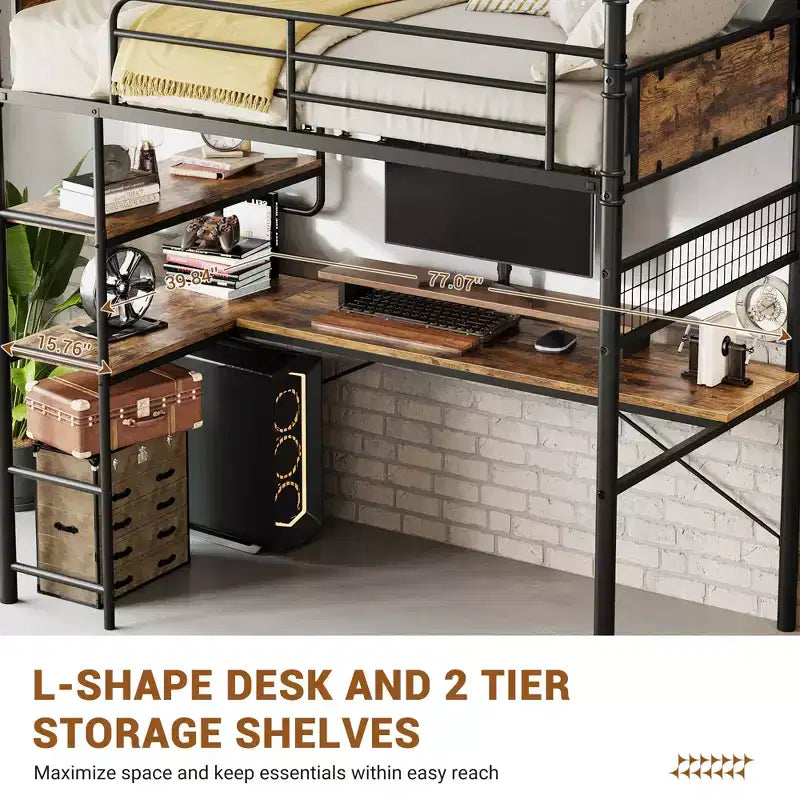 Lit superposé mezzanine double avec bureau en L, lit mezzanine haut en métal avec garde-corps et échelle, poste de travail peu encombrant pour enfants, adolescents, adultes