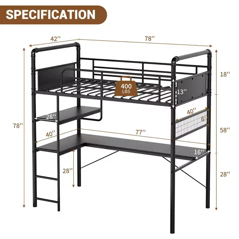 Lit superposé mezzanine double avec bureau en L, lit mezzanine haut en métal avec garde-corps et échelle, poste de travail peu encombrant pour enfants, adolescents, adultes