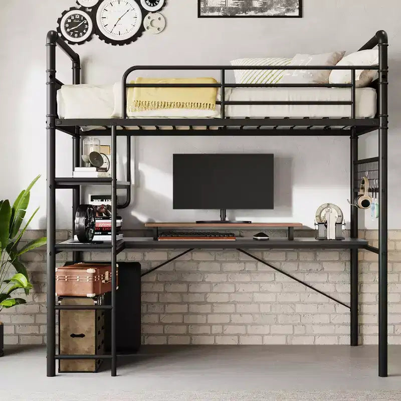 Lit superposé mezzanine double avec bureau en L, lit mezzanine haut en métal avec garde-corps et échelle, poste de travail peu encombrant pour enfants, adolescents, adultes