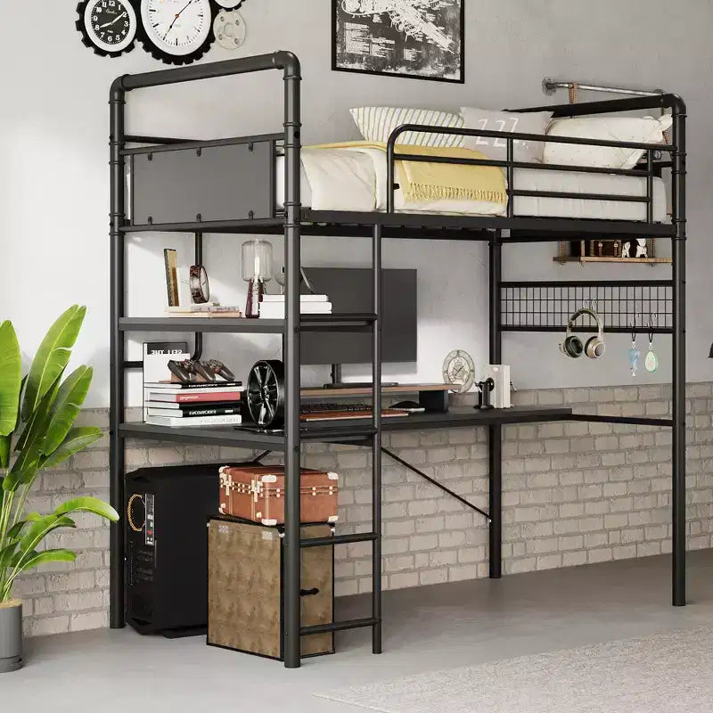 Lit superposé mezzanine double avec bureau en L, lit mezzanine haut en métal avec garde-corps et échelle, poste de travail peu encombrant pour enfants, adolescents, adultes