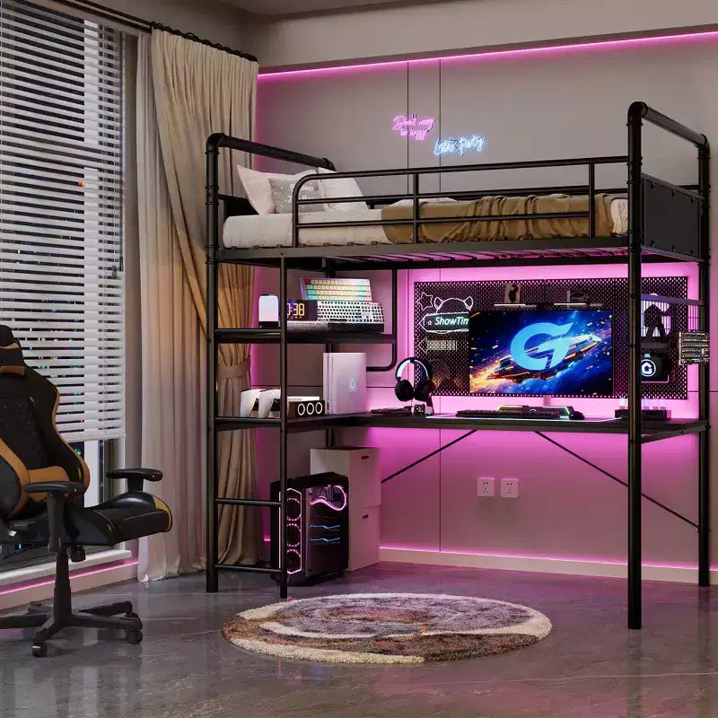 Lit superposé mezzanine double avec bureau en L, lit mezzanine haut en métal avec garde-corps et échelle, poste de travail peu encombrant pour enfants, adolescents, adultes