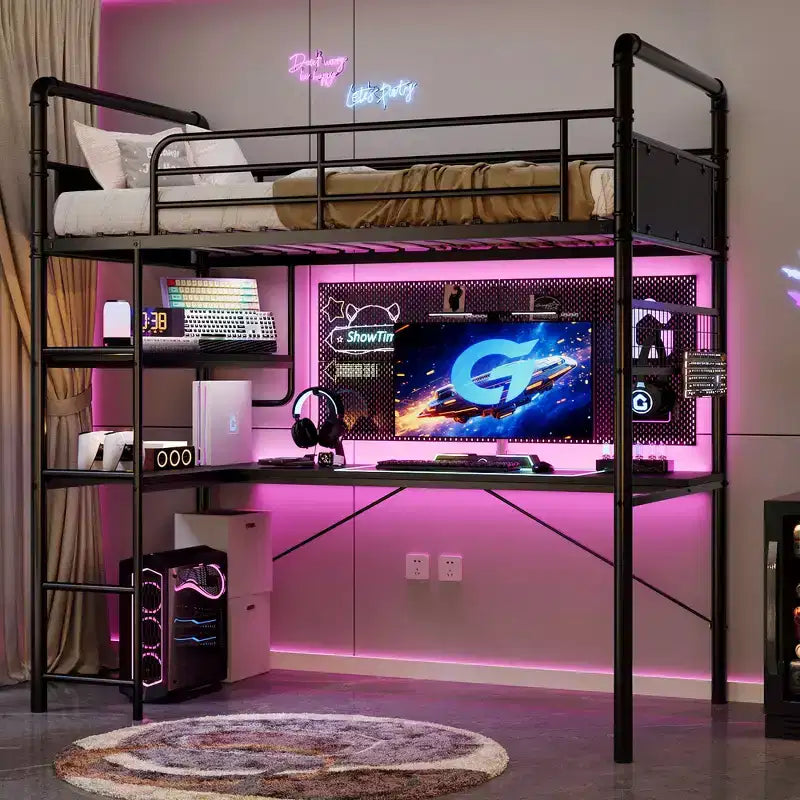 Lit superposé mezzanine double avec bureau en L, lit mezzanine haut en métal avec garde-corps et échelle, poste de travail peu encombrant pour enfants, adolescents, adultes