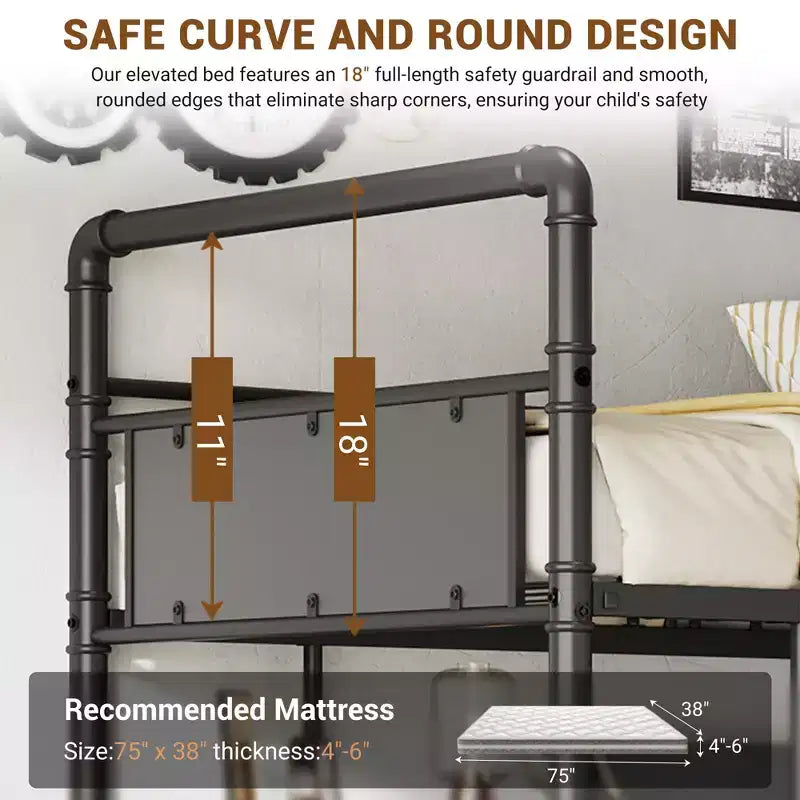Lit superposé mezzanine double avec bureau en L, lit mezzanine haut en métal avec garde-corps et échelle, poste de travail peu encombrant pour enfants, adolescents, adultes