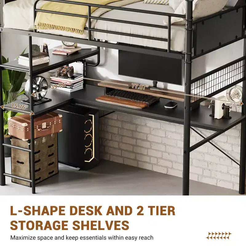 Lit superposé mezzanine double avec bureau en L, lit mezzanine haut en métal avec garde-corps et échelle, poste de travail peu encombrant pour enfants, adolescents, adultes