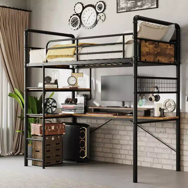 Lit superposé mezzanine double avec bureau en L, lit mezzanine haut en métal avec garde-corps et échelle, poste de travail peu encombrant pour enfants, adolescents, adultes