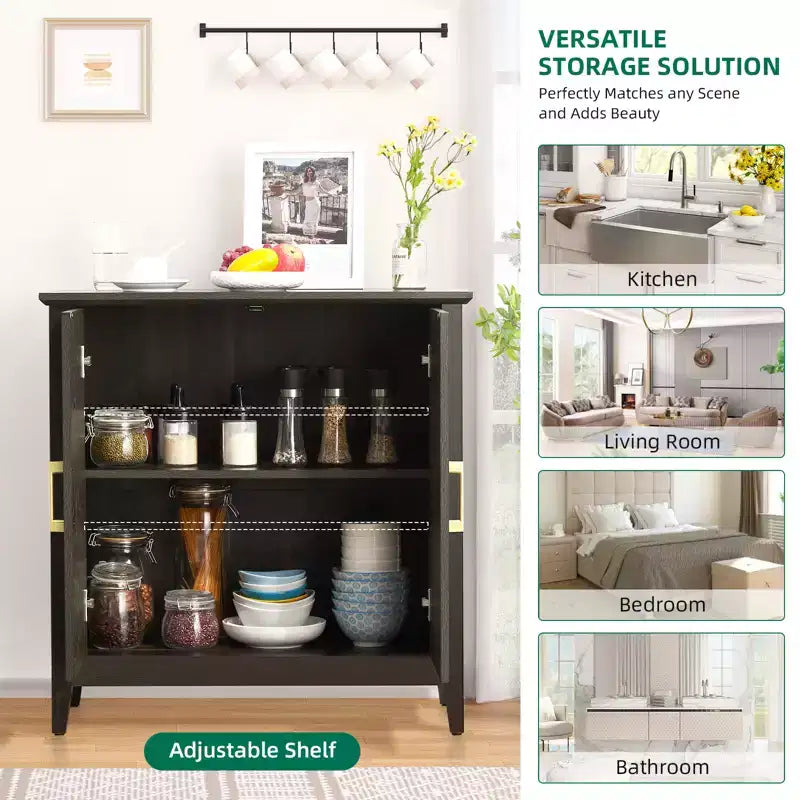 Meuble de rangement décoratif à 2 portes avec étagères réglables, buffet avec pieds en bois, meuble de rangement décoratif pour salon, motif en anneaux d'arbre sculptés