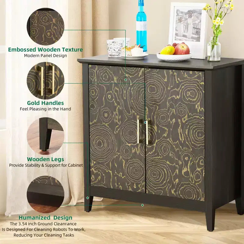 Meuble de rangement décoratif à 2 portes avec étagères réglables, buffet avec pieds en bois, meuble de rangement décoratif pour salon, motif en anneaux d'arbre sculptés