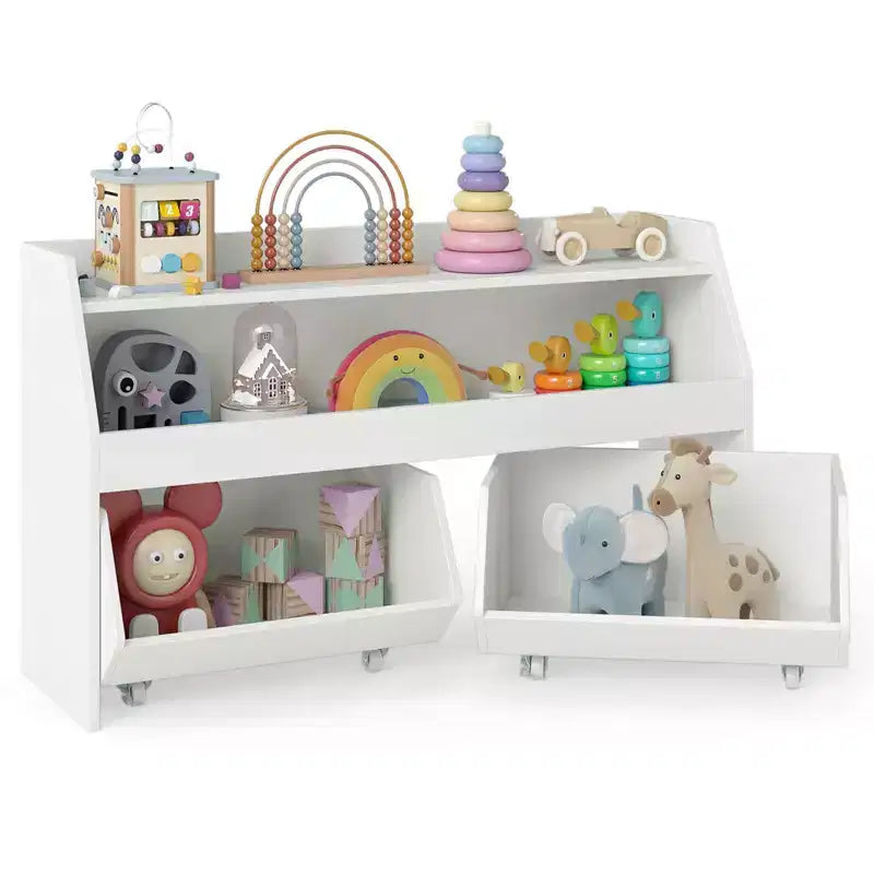 Organisateur de rangement de jouets pour enfants avec 2 tiroirs mobiles et compartiment ouvert Gris/Blanc