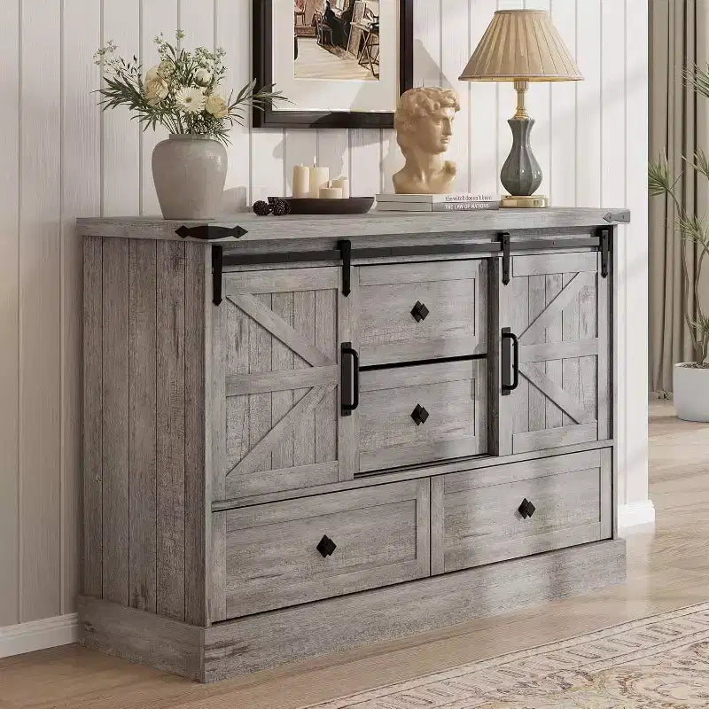  45 White 4 Drawer Dresser with Barn Doors  Bedroom Wood Dresser for Closet, Living Room, TV Stand