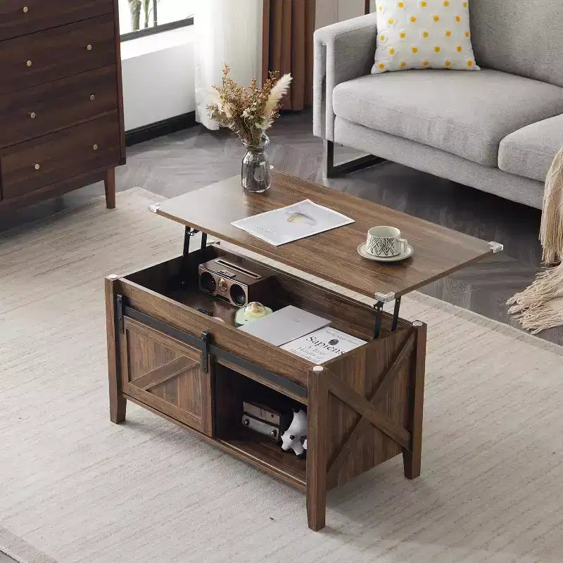  Farmhouse Lift Top Coffee Table, Coffee Tables with Storage Shelf/Hidden Compartment, Mesa De Centro para Sala, Rustic Brown