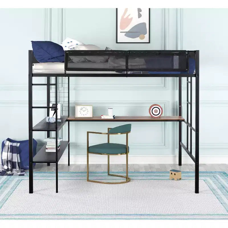  Metal Full Size Loft Bed with Desk / Sturdy Metal Bed Frame/ Noise-free Wood Slats/ Comfortable Textilene GuardrailSuitable for teenagers