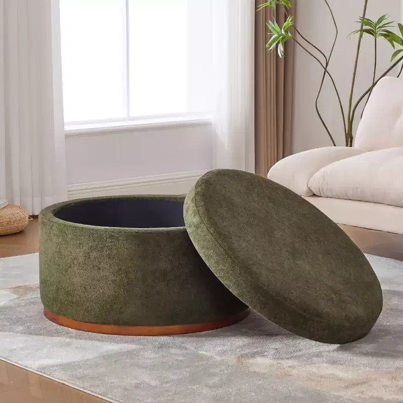 Ottoman de rangement rond rembourré avec base en bois d'hévéa