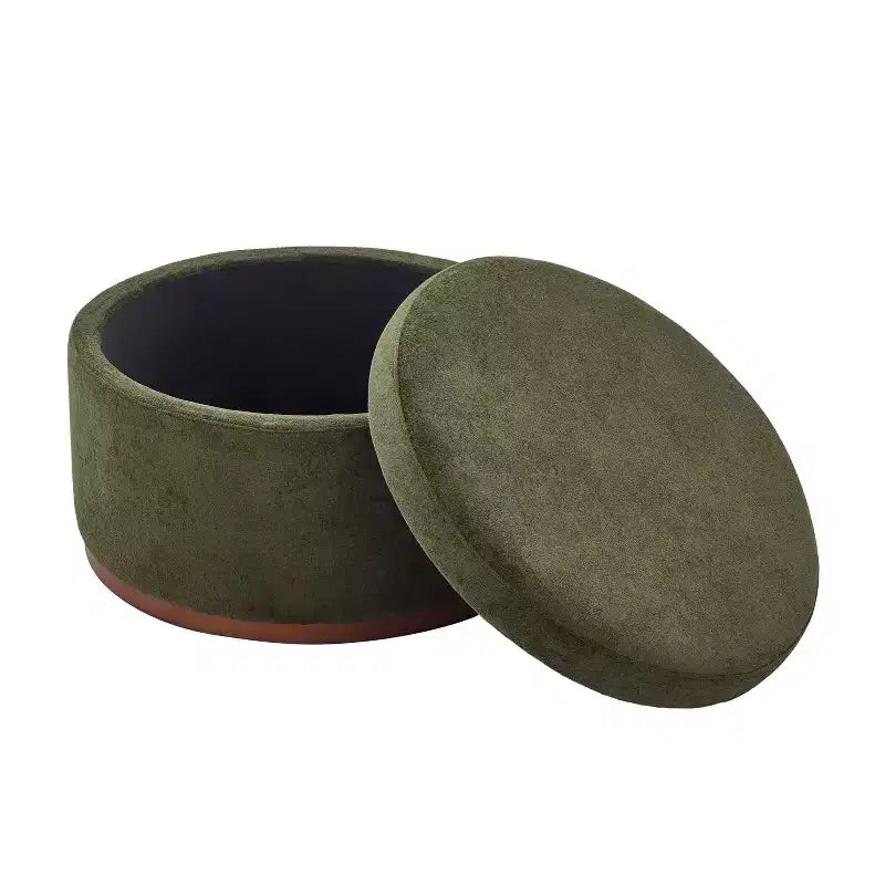 Ottoman de rangement rond rembourré avec base en bois d'hévéa