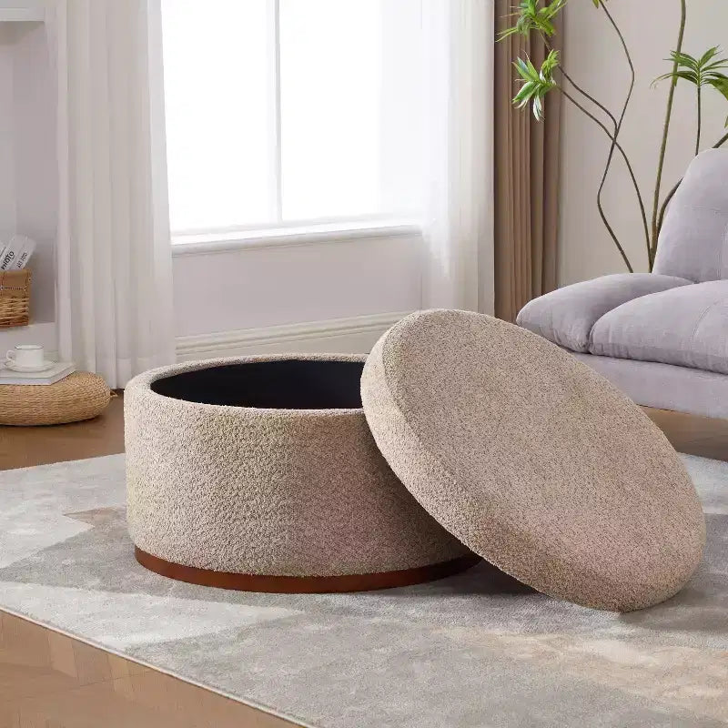 Ottoman de rangement rond rembourré avec base en bois d'hévéa