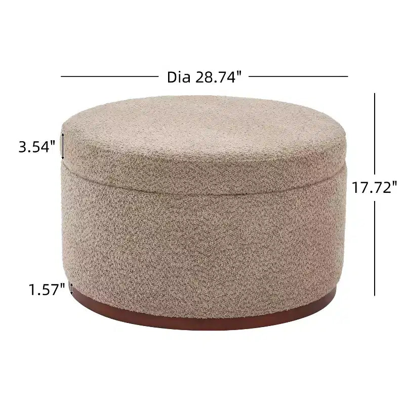 Ottoman de rangement rond rembourré avec base en bois d'hévéa